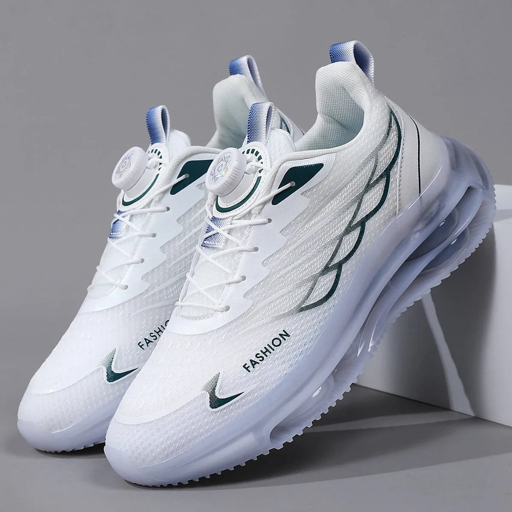 Men's white low-top mesh casual shoes with rotating button and lace-up closure, rubber sole.