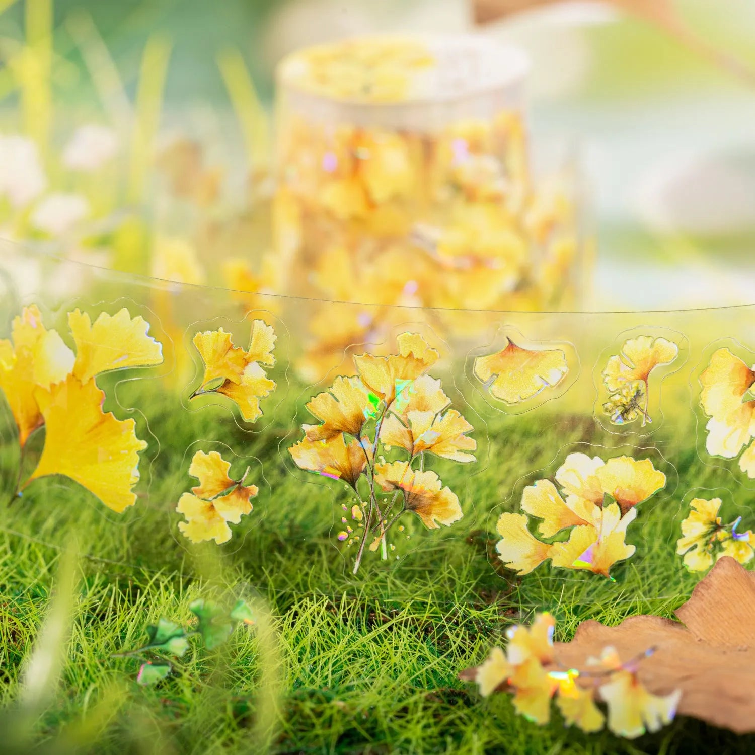 Roll of PET decorative stickers showing leaf patterns including ginkgo and maple designs, 40mm wide