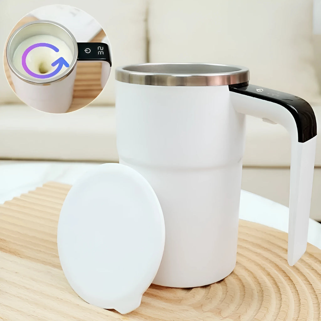 White electric coffee mug with LCD display showing temperature and magnetic stirring base