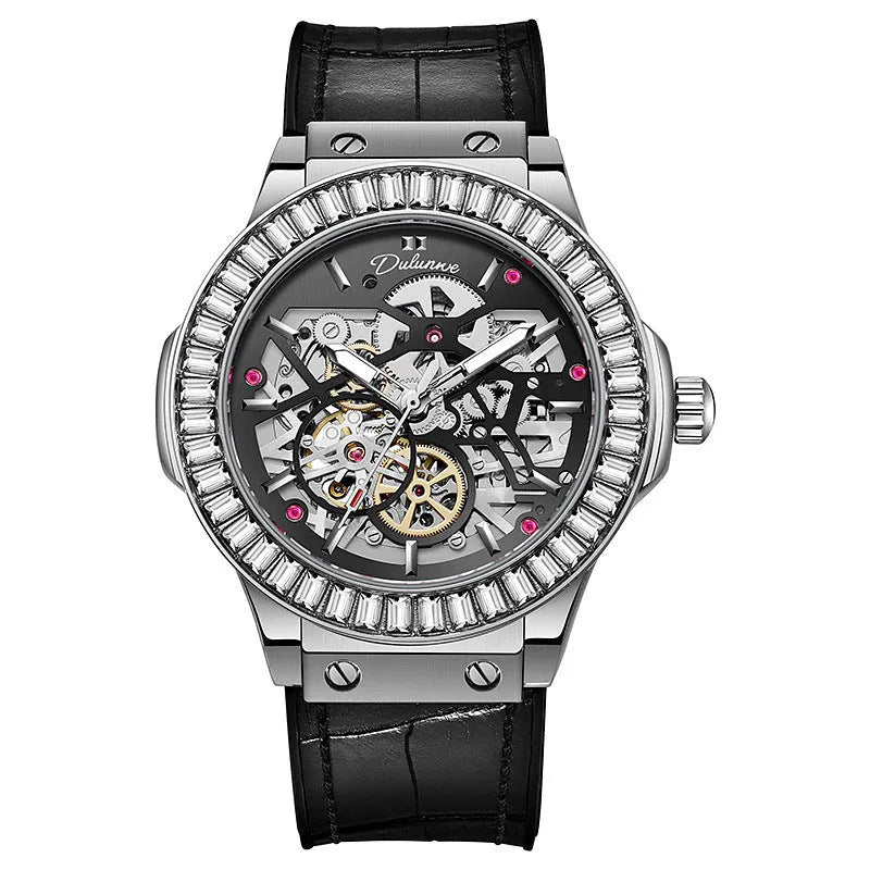 Automatic men's watch with skeleton diamond movement and white case, shown on wrist.