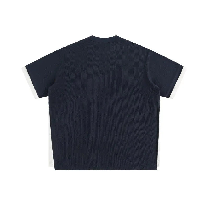 Retro alphabet embroidered waffle short-sleeved T-shirt in loose fit pullover style