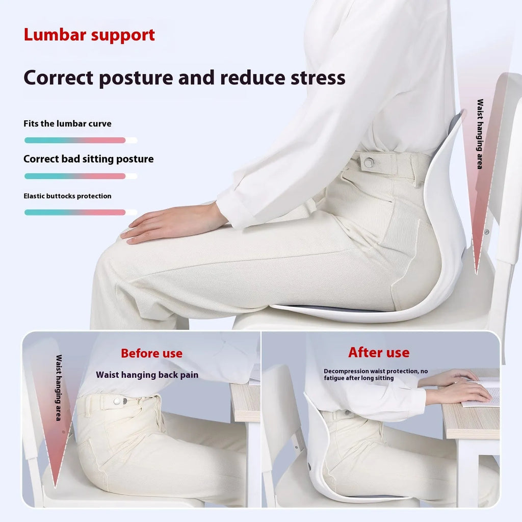 Grey lumbar support cushion with Japanese-style design for office or car seat.
