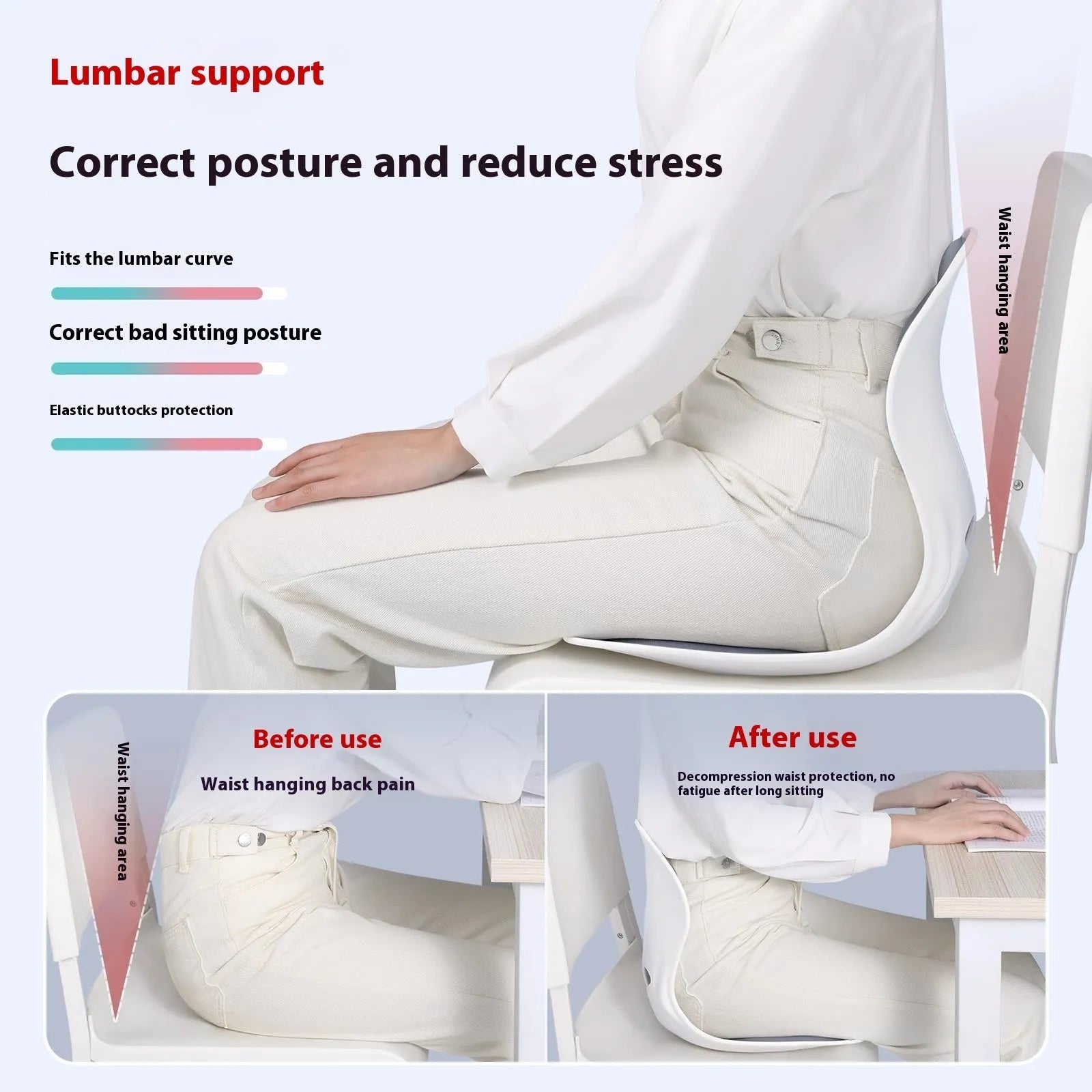 Grey lumbar support cushion with Japanese-style design for office or car seat.