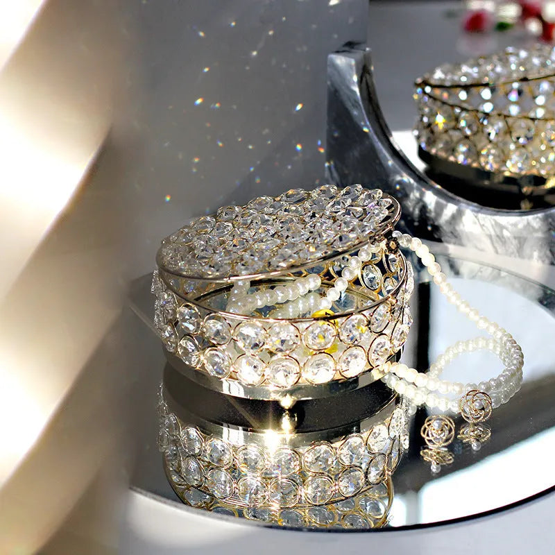 Transparent crystal glass jewelry storage box with a French gold metal frame