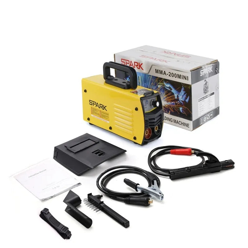 MMA-200MIN 220V DC inverter welding machine with welding tongs, clamp, face shield, and brush hanger.
