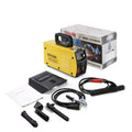 MMA-200MIN 220V DC inverter welding machine with welding tongs, clamp, face shield, and brush hanger.
