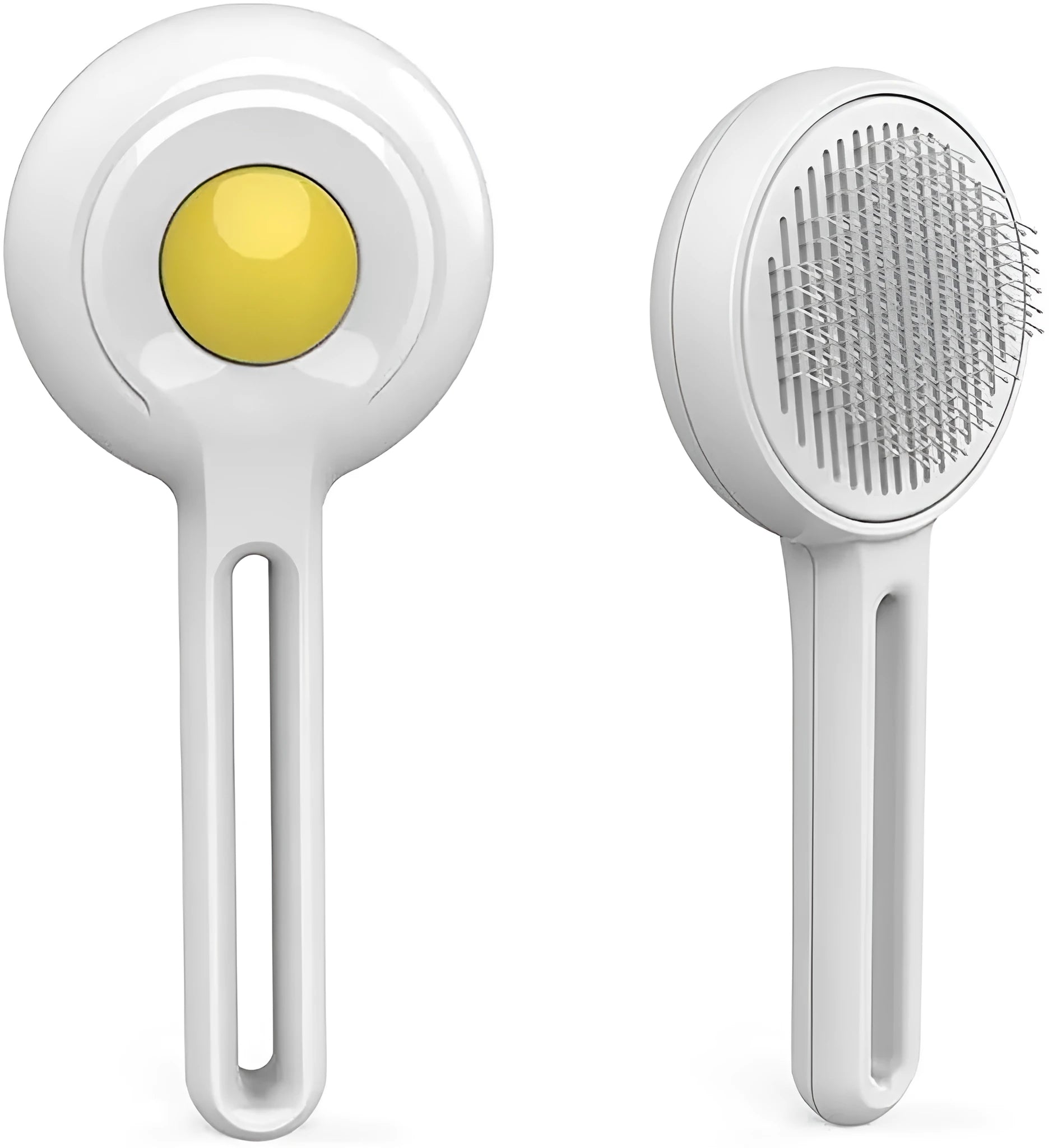 Yellow cat brush with release button and stainless steel bristles on a light background