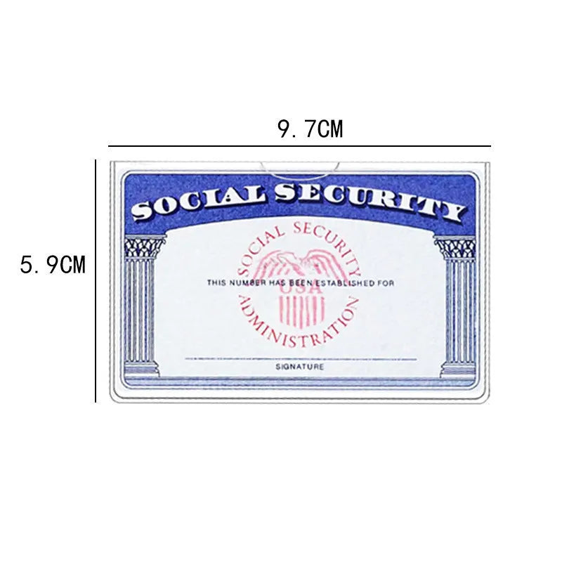 Clear PVC Social Security card holder protector measuring 9.7 by 5.9 centimetres.
