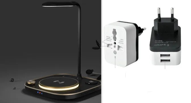 Black three-in-one wireless magnetic charger with desk lamp and USB cable on a wooden desk.