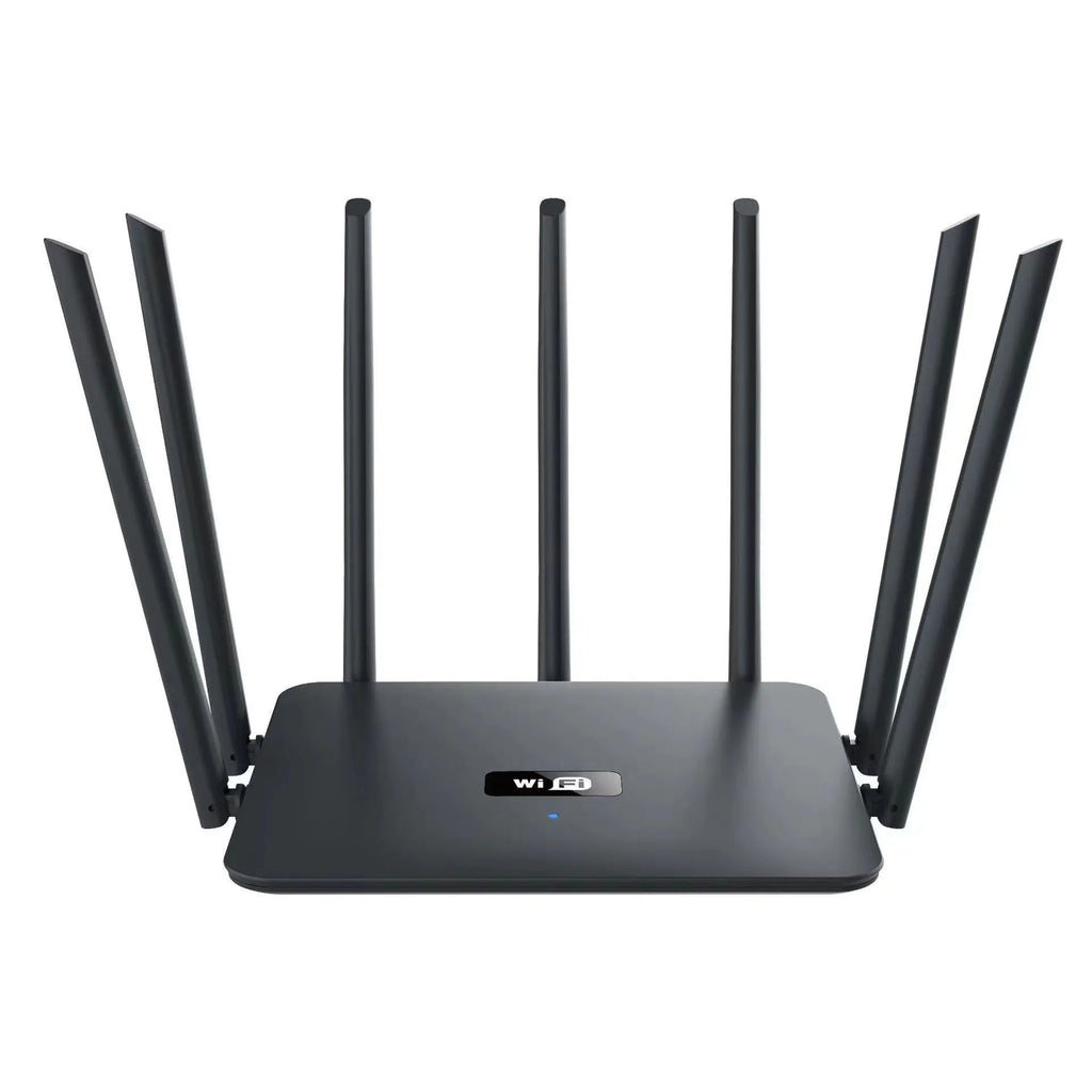 Black and white dual-band 5G gigabit router with multiple antennas on a wooden surface.