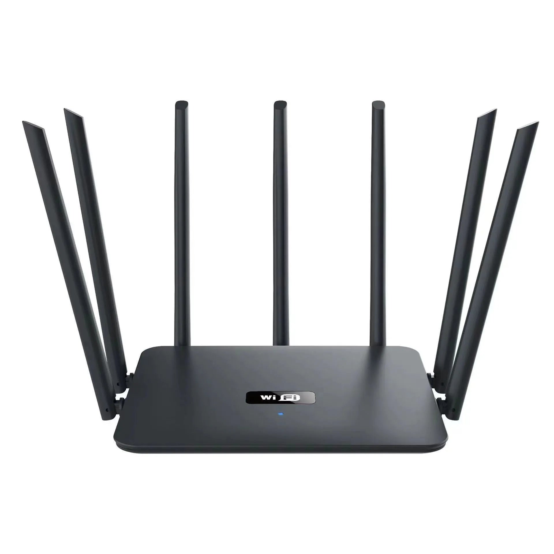 Black and white dual-band 5G gigabit router with multiple antennas on a wooden surface.