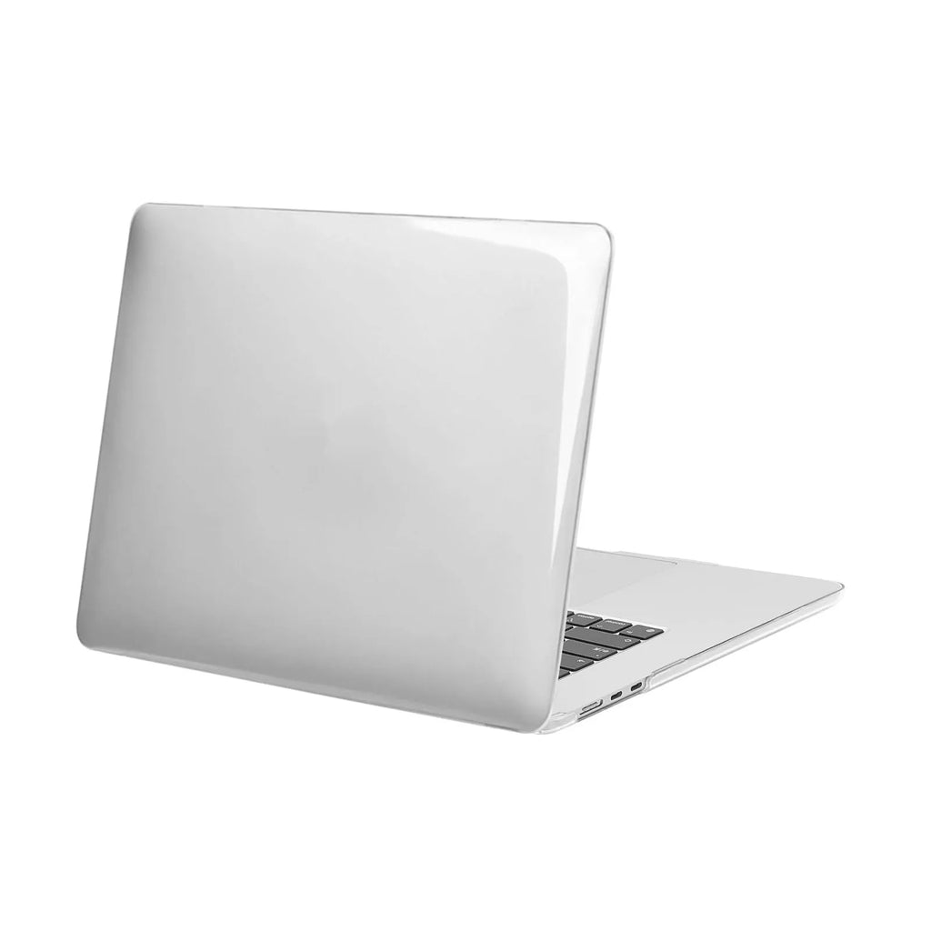 Transparent plastic protective shell for MacBook Air and Pro laptop on a table.