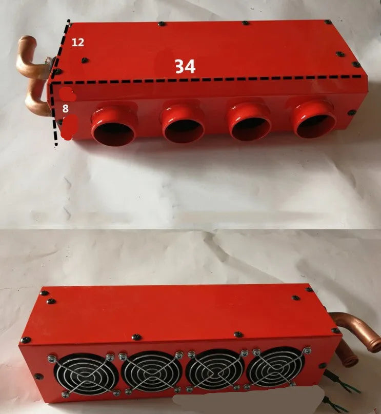 Compact metal car heater with copper pipe connections for 12V or 24V vehicle installation.