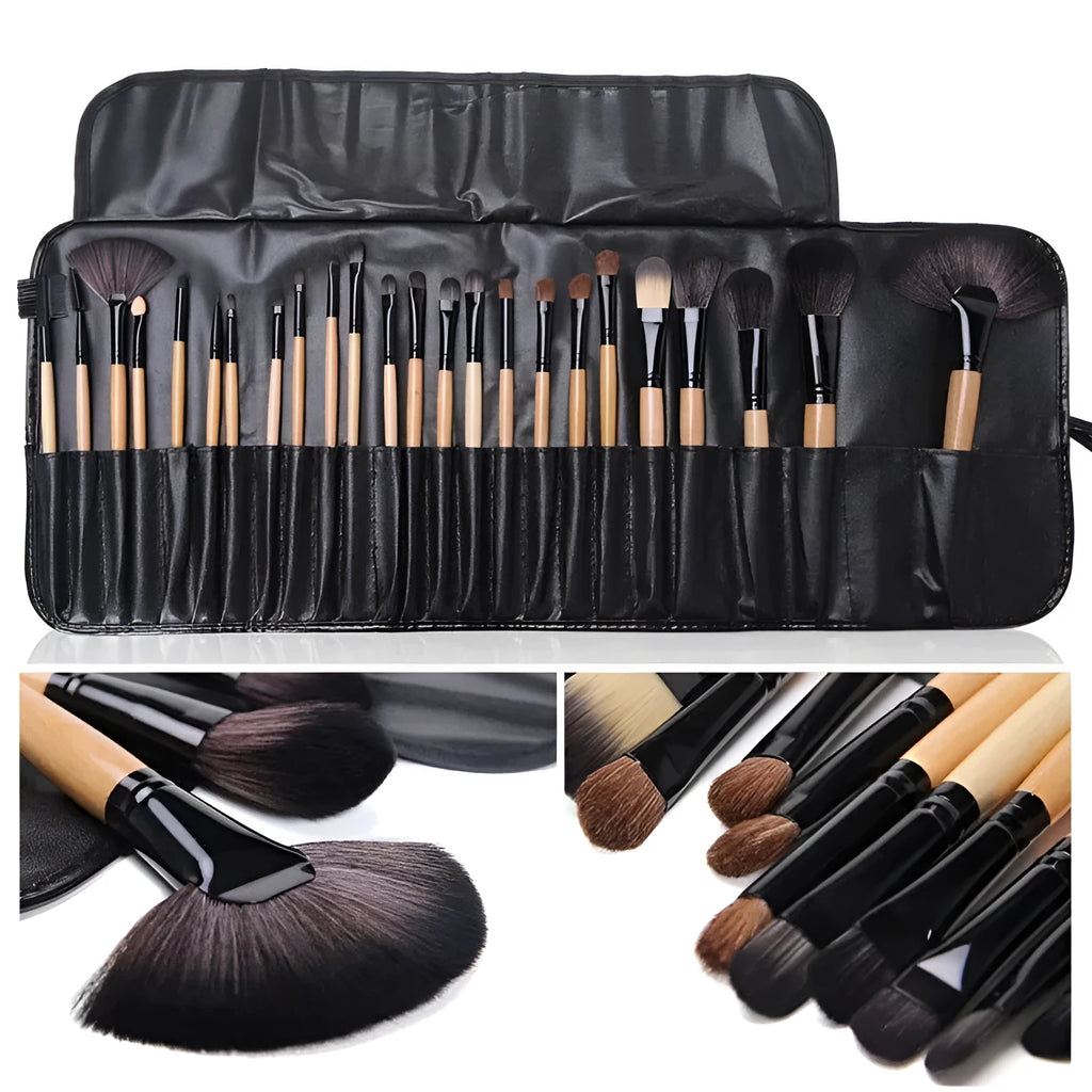 24-piece professional makeup brush set with wooden handles in a PU gift bag