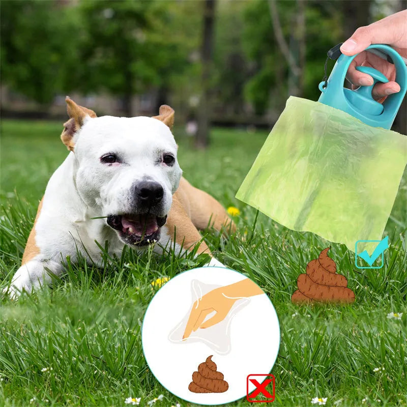 Blue plastic dog pooper scooper with claw mechanism and built-in bag dispenser