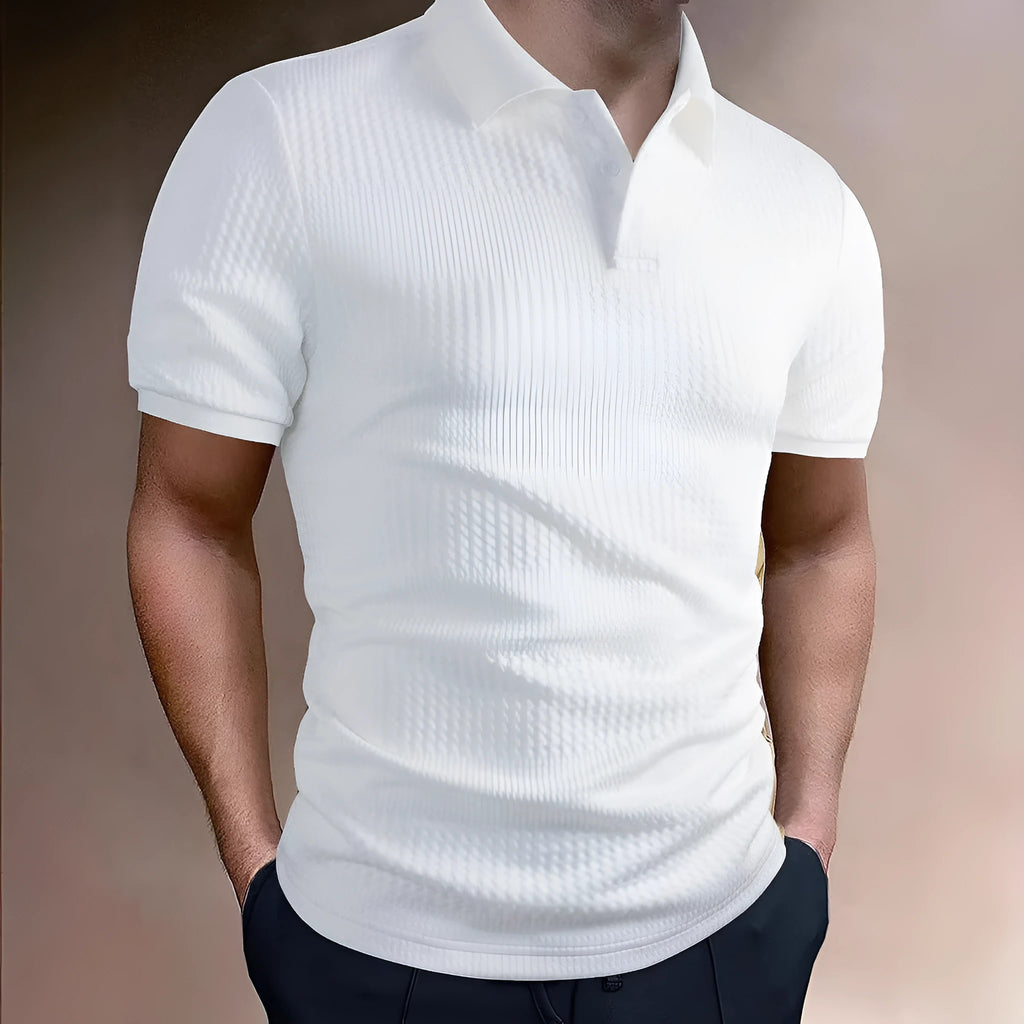 Man wearing a striped loose-fit polo shirt in a light blue colour, suitable for business casual summer wear.