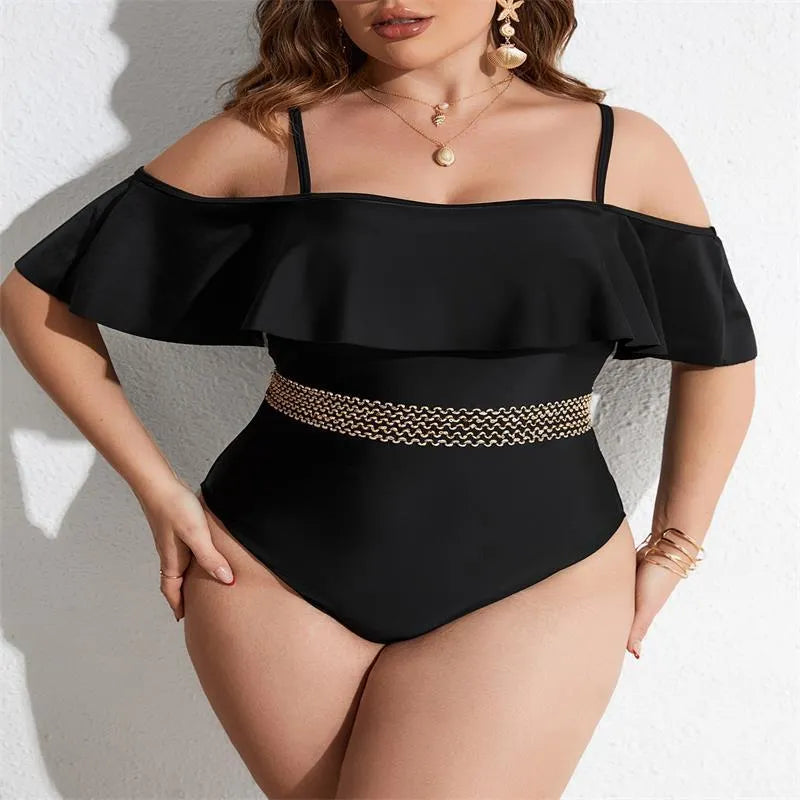 Black solid colour women's one-piece swimsuit on a hanger