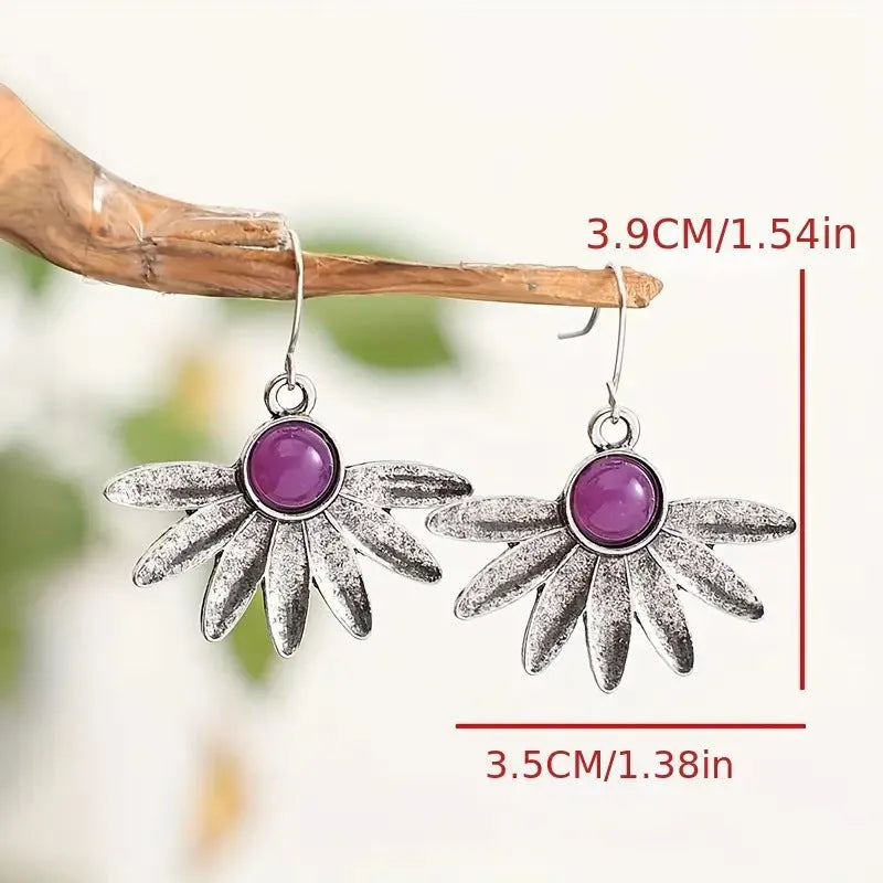 Purple Bohemian style earrings with floral patterns and animal zodiac design in resin and alloy