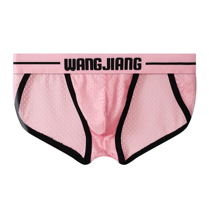 Men's black Ice Silk mesh triangle underwear briefs laid flat, showing solid colour and fabric texture.