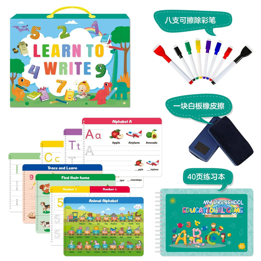 Montessori children's handwriting practice book set with erasable pens and reward stickers in a cardboard gift box