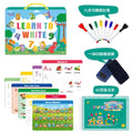 Montessori children's handwriting practice book set with erasable pens and reward stickers in a cardboard gift box