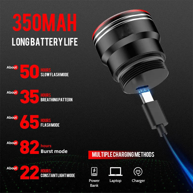 Black USB rechargeable aluminium smart brake sensing bicycle taillight showing front and side views.