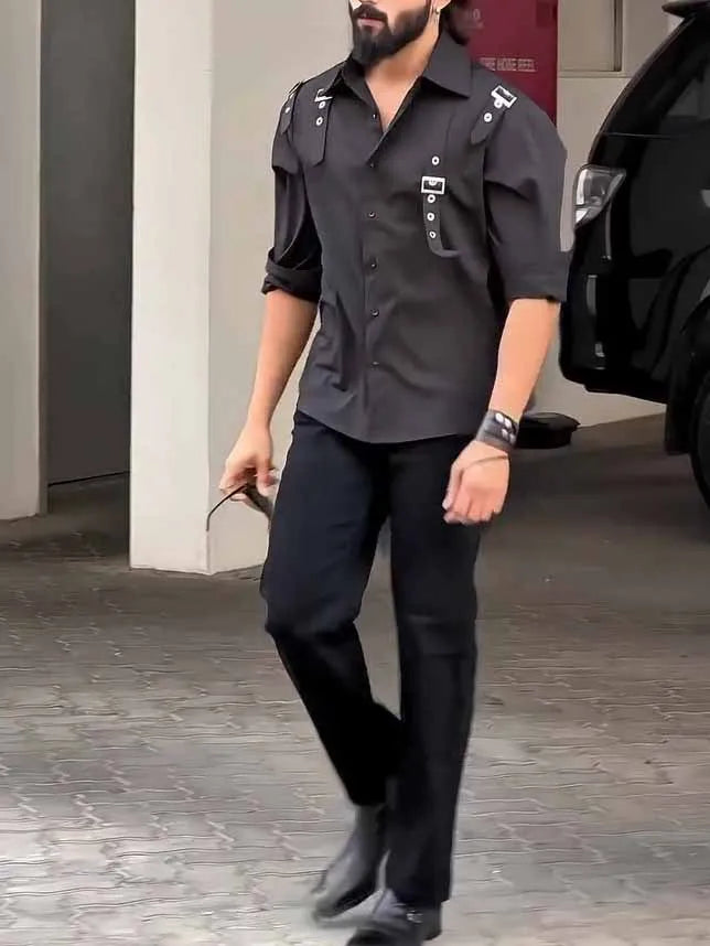 Men's black utility-style button-up shirt made from polyester on a hanger.