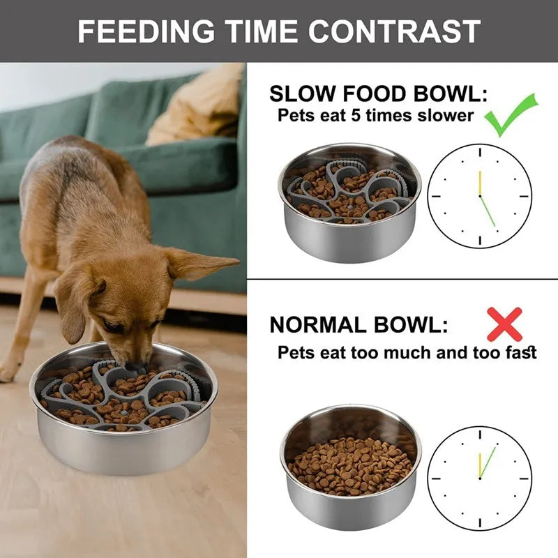 Red silicone dog slow feeder insert with spiral design and suction cups for bowl.