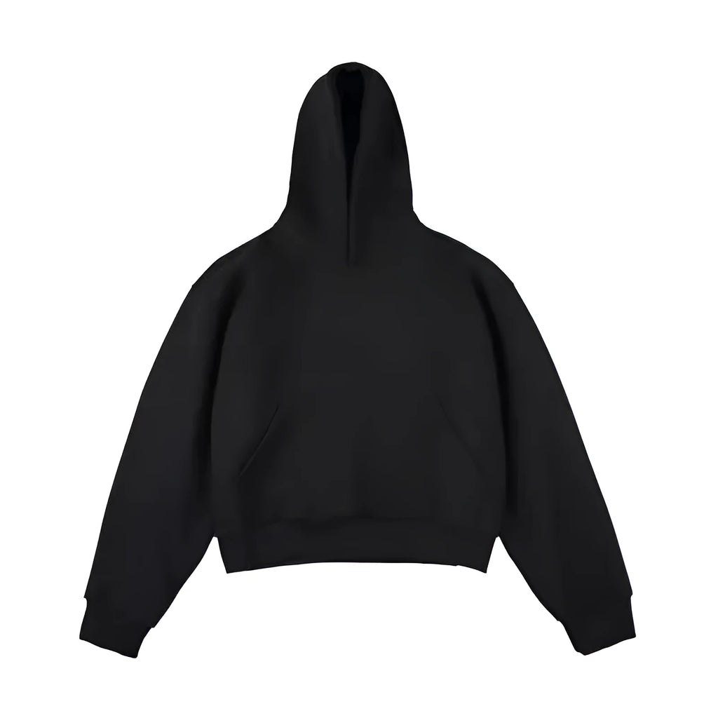 Man wearing a dark grey Chinese cotton composite hooded sweater with a removable hood and long sleeves.