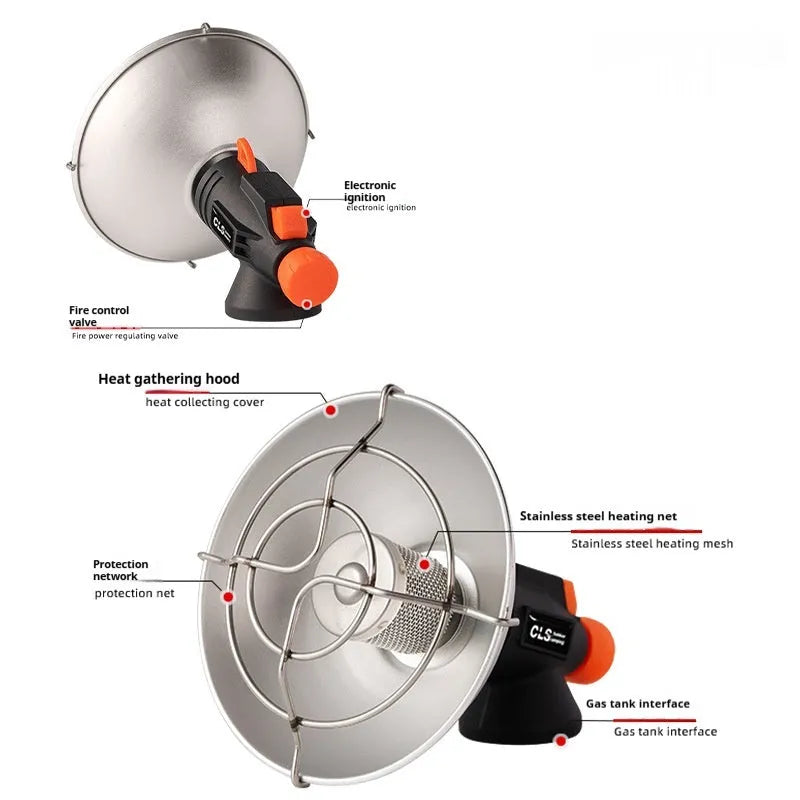 Black and orange portable gas heating stove for camping with automatic ignition.