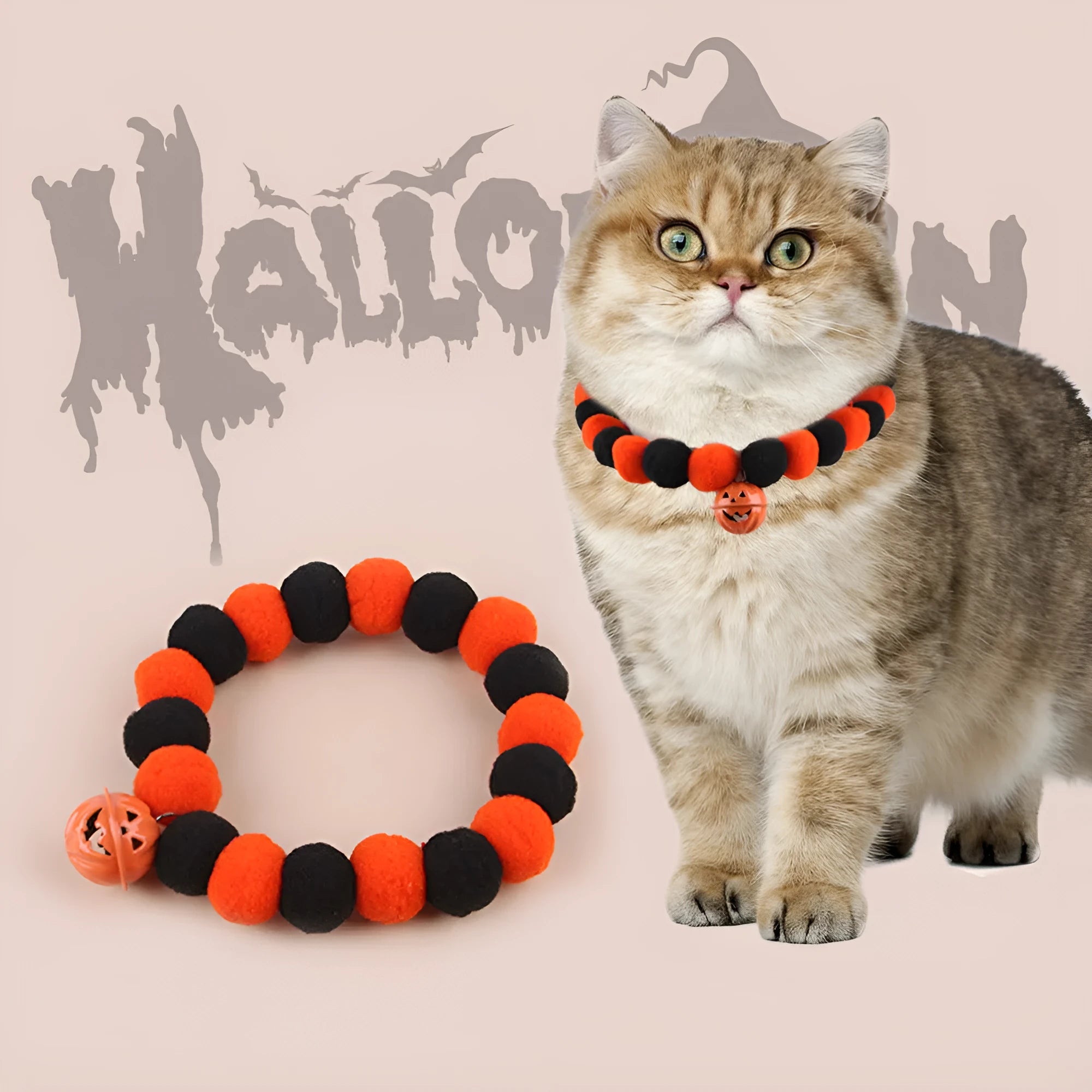 Adjustable orange plastic cat collar with a detailed Halloween pumpkin decoration.