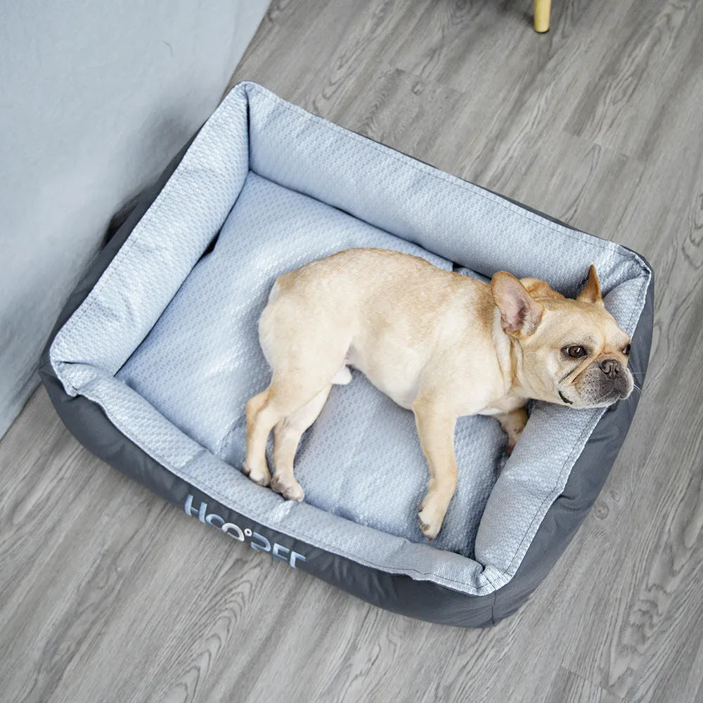 Soft dog bed with removable cover shown in three sizes for small to medium pets