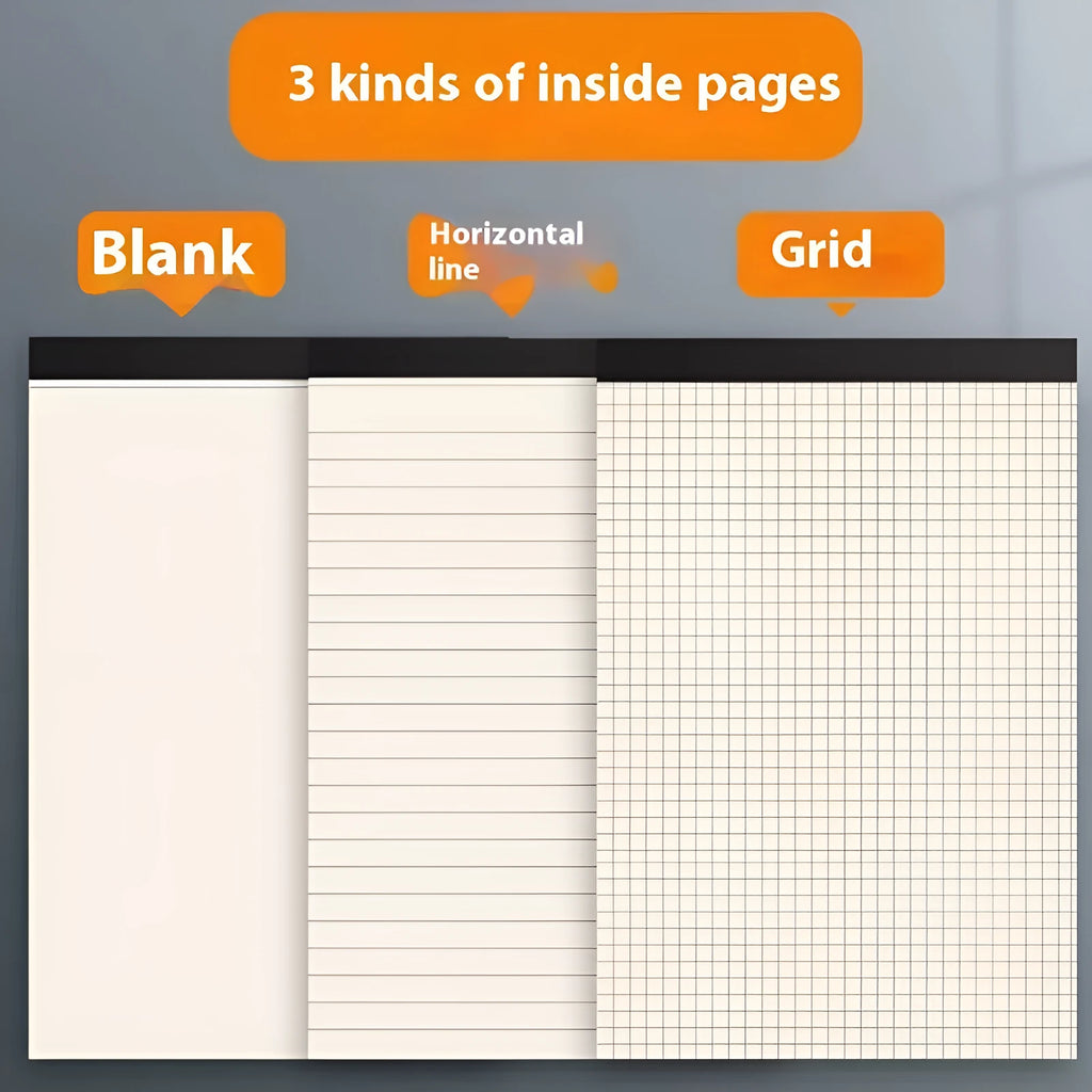 A5 and B5 writing pads with 80 wood-free paper sheets in grid, lined and blank page styles