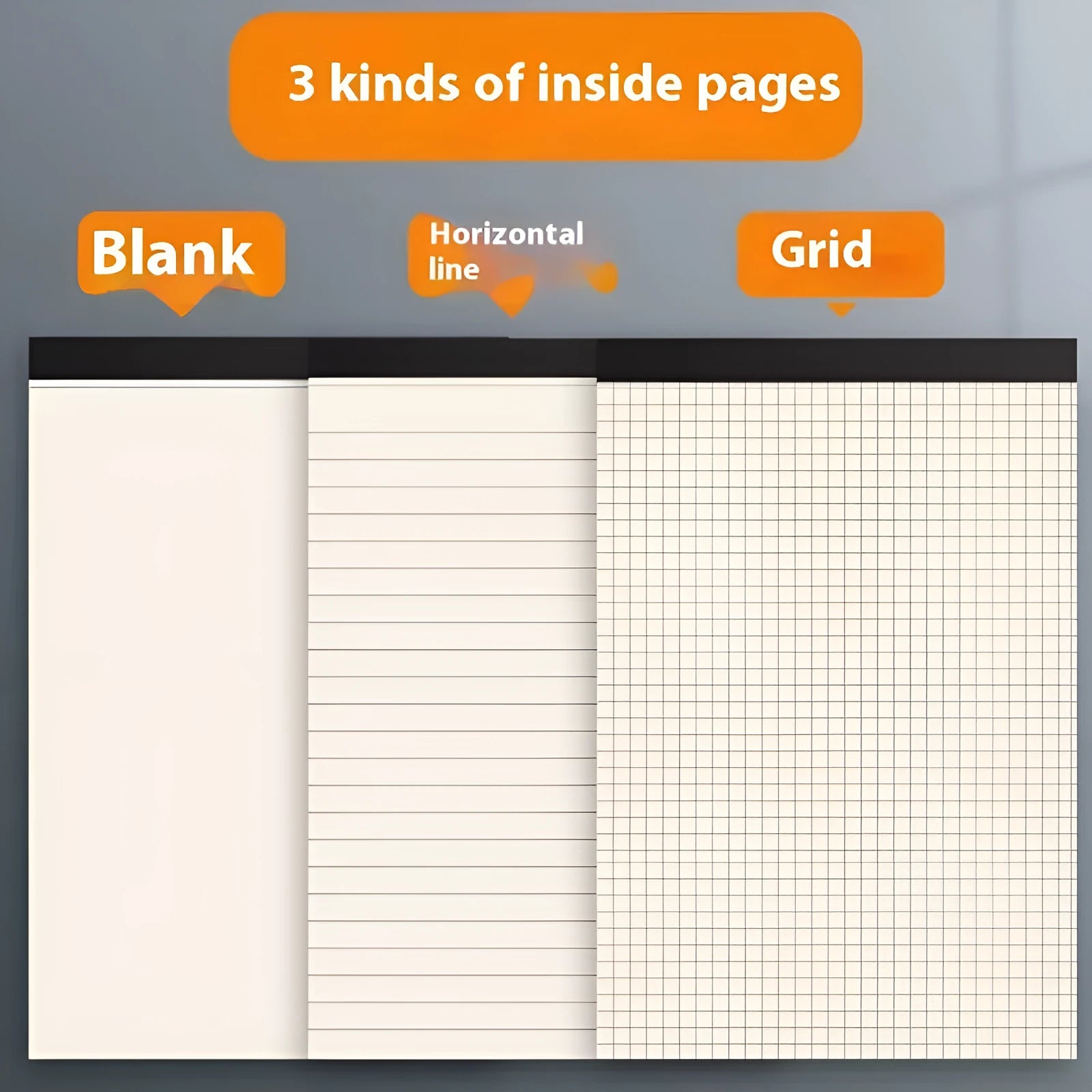 A5 and B5 writing pads with 80 wood-free paper sheets in grid, lined and blank page styles