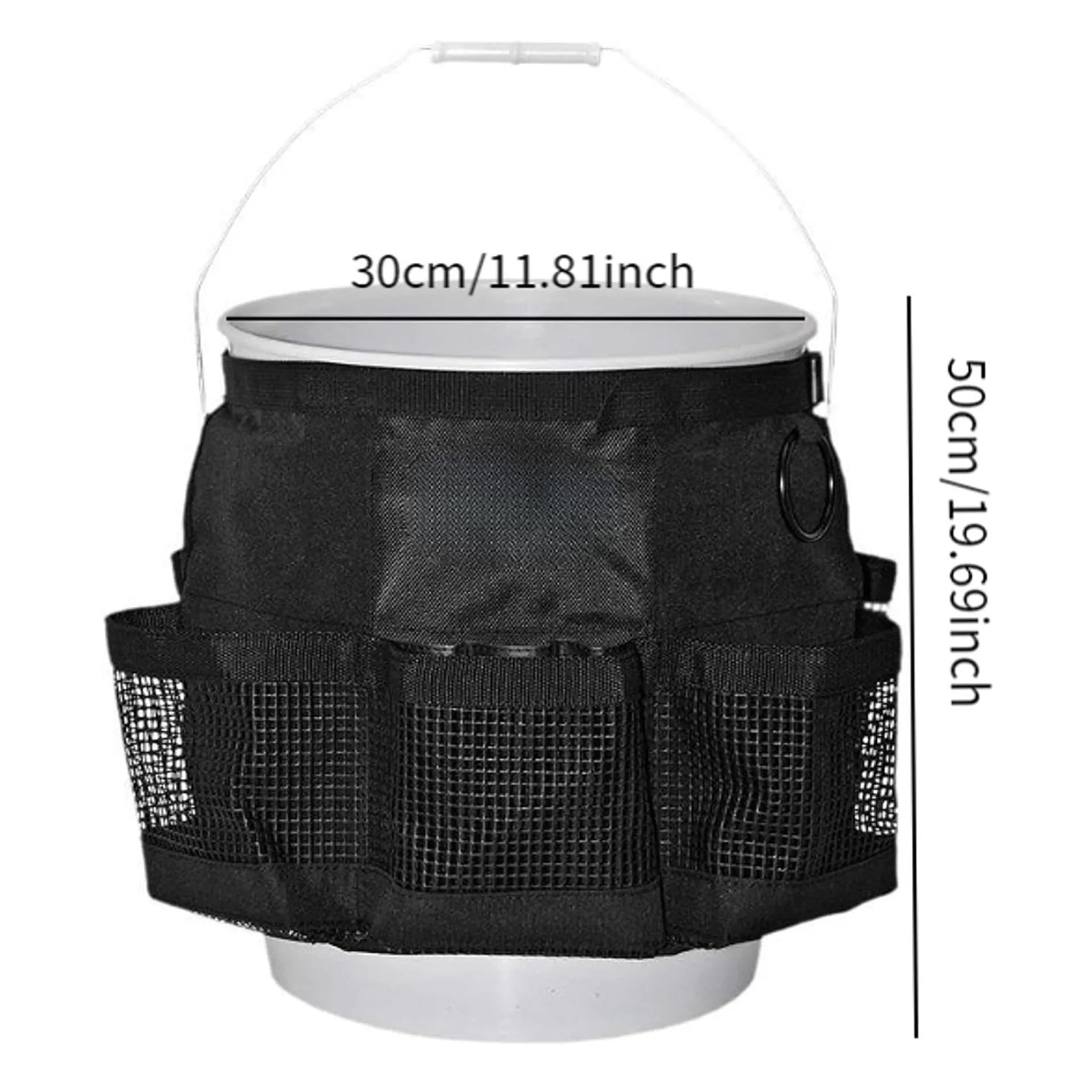 Black cylindrical polyester hanging storage bag designed for a 5-gallon barrel.