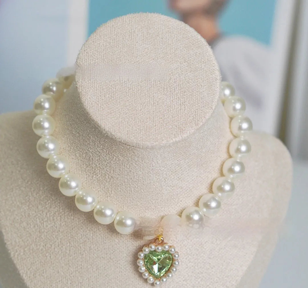 Decorative pearl and love gem cat collar necklace in a choice of colours on size guide.