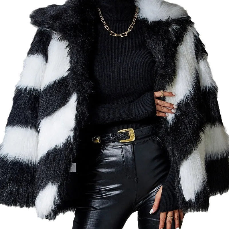 Picture colour faux fur coat with contrasting lapel and fur collar, regular sleeves.