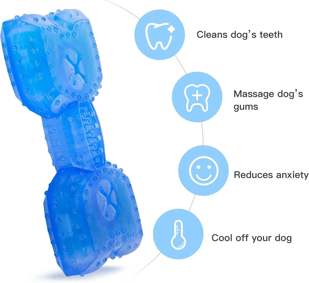 A freezable bone-shaped dog chew toy designed for cooling, teething, and dental care.