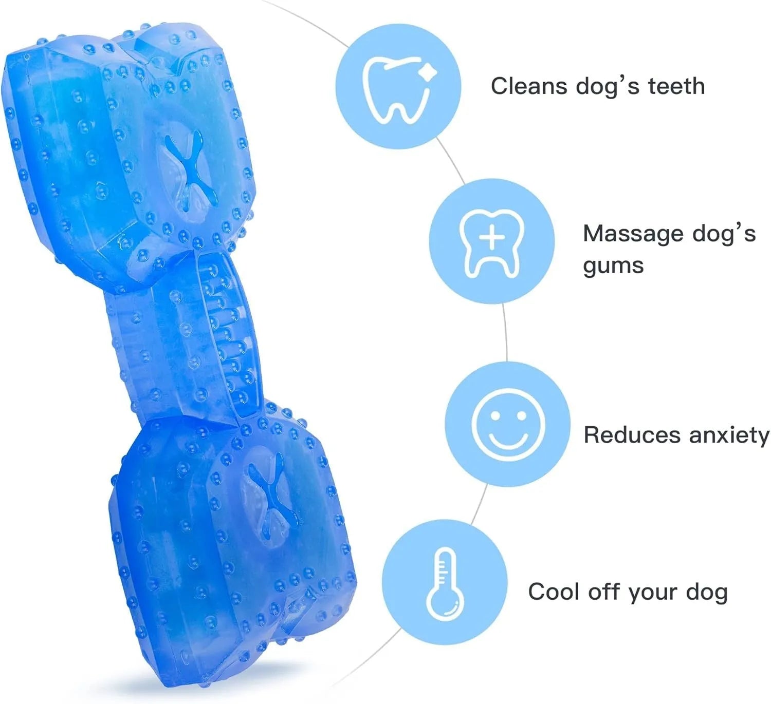 A freezable bone-shaped dog chew toy designed for cooling, teething, and dental care.