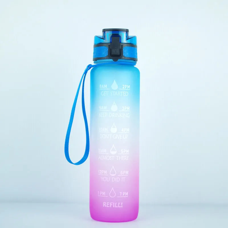 Clear plastic 1000ml sports water bottle with fruit infuser inside, in a Kawaii milk bottle shape.