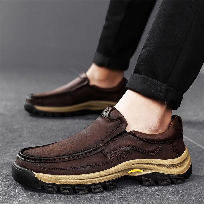 Men's black outdoor leather shoes with thick rubber sole and round toe design