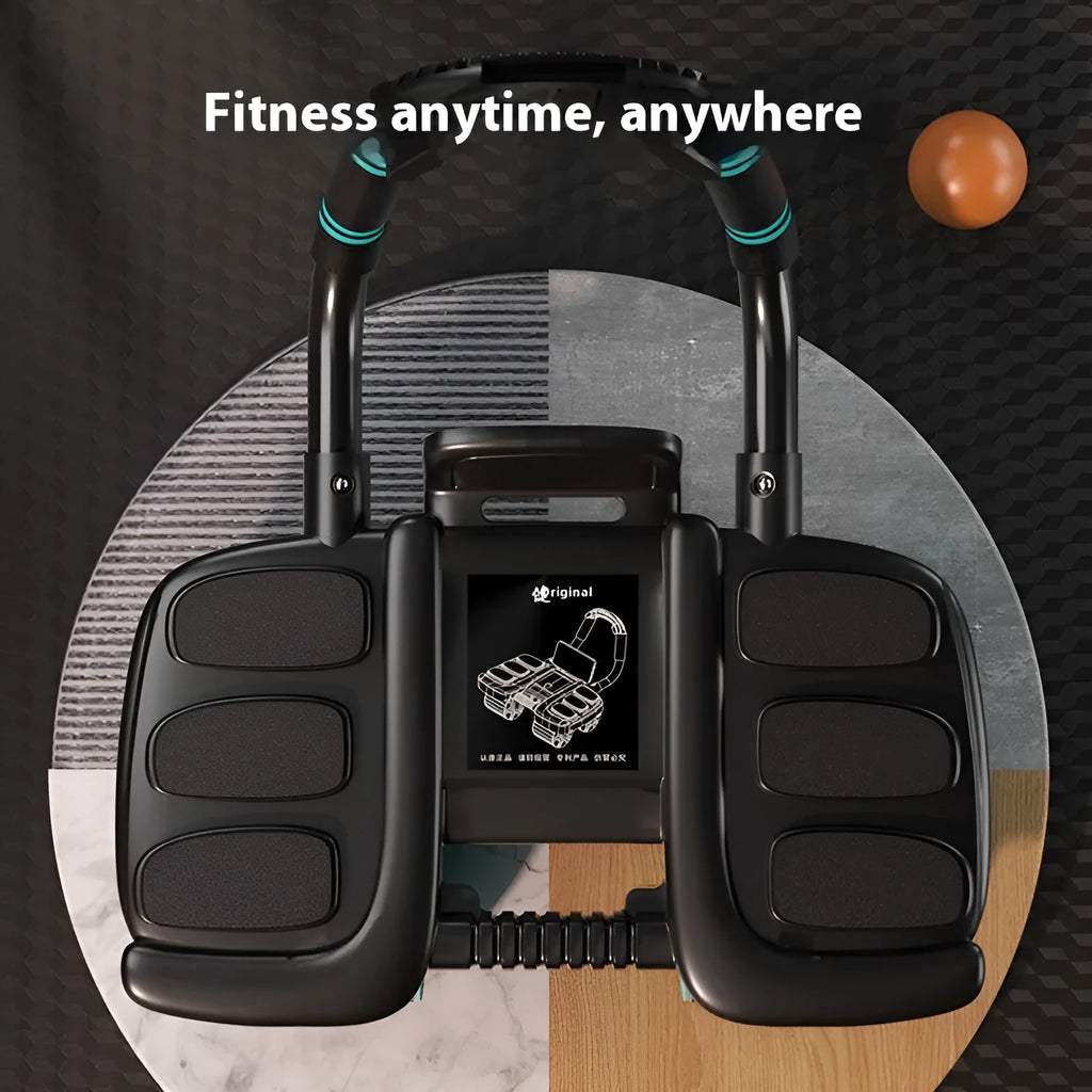 Orange intelligent four-wheel abdominal wheel with automatic rebound and elbow support on a gym mat