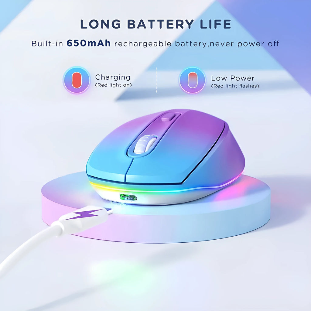 Rechargeable wireless mouse showing ergonomic shape, USB charging cable, and compact 108mm length design