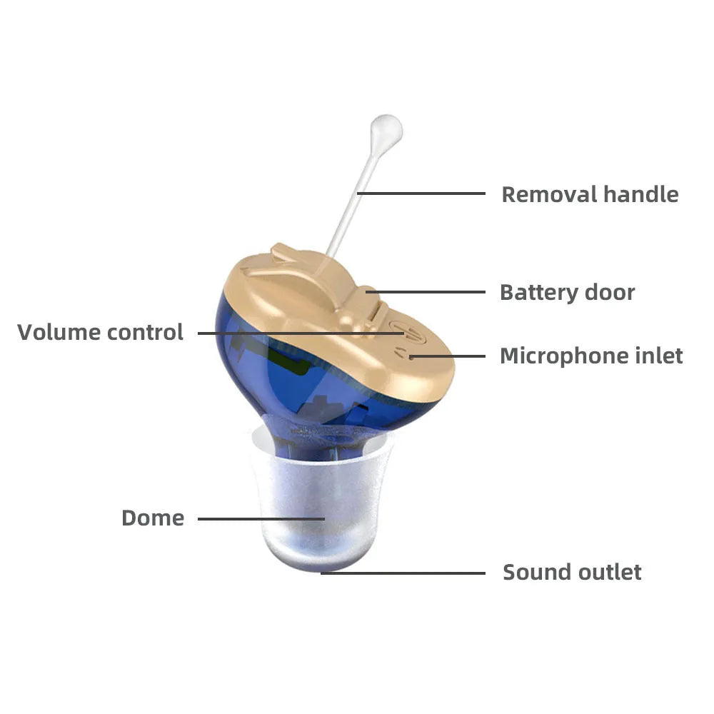Red and blue Q10 digital hearing aids with automatic calibration and micro wireless design