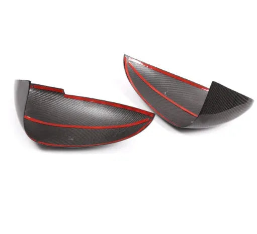 Black true carbon fibre mirror covers for Porsche Macan 2014-2022 models showing dimensional measurements