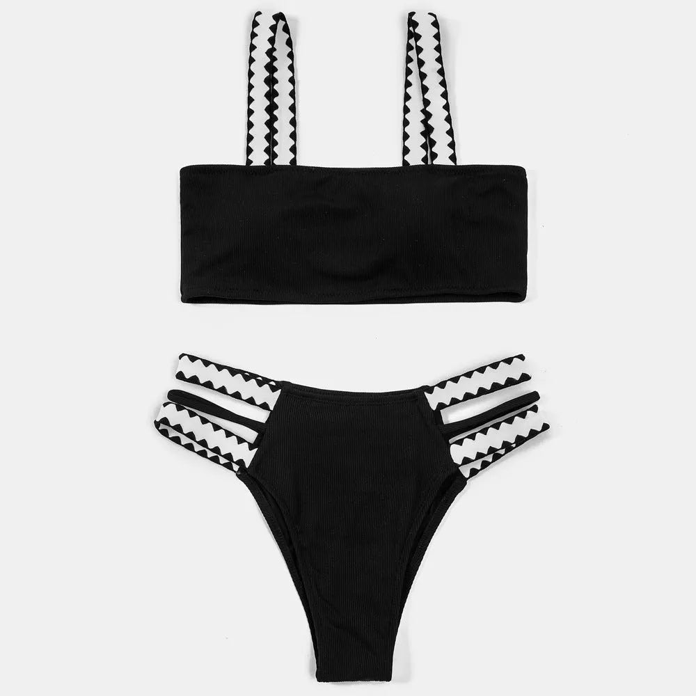 Black women's bikini swimsuit with a hollowed-out split design, showing front and back views.