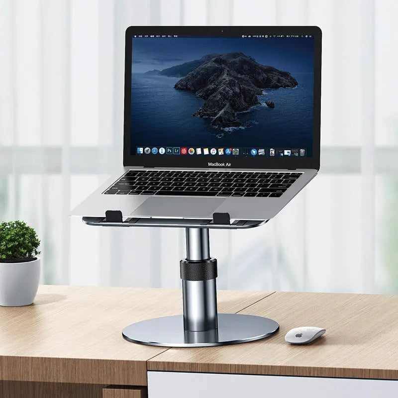 Silver adjustable car laptop stand with 360-degree rotating base on car seat