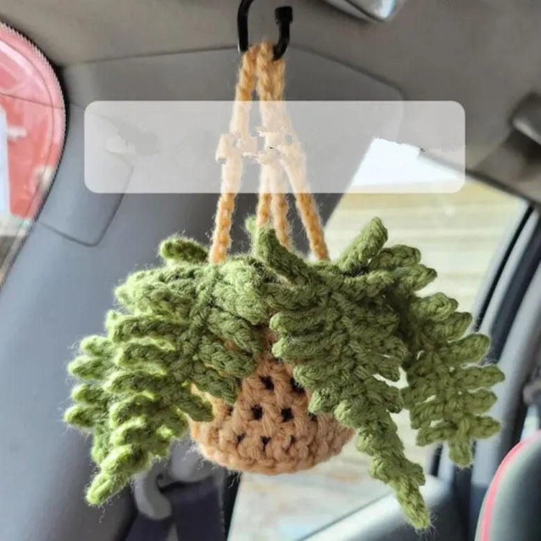 Green and white knitted wool car plant decoration with 8cm base and 25cm hanging rope