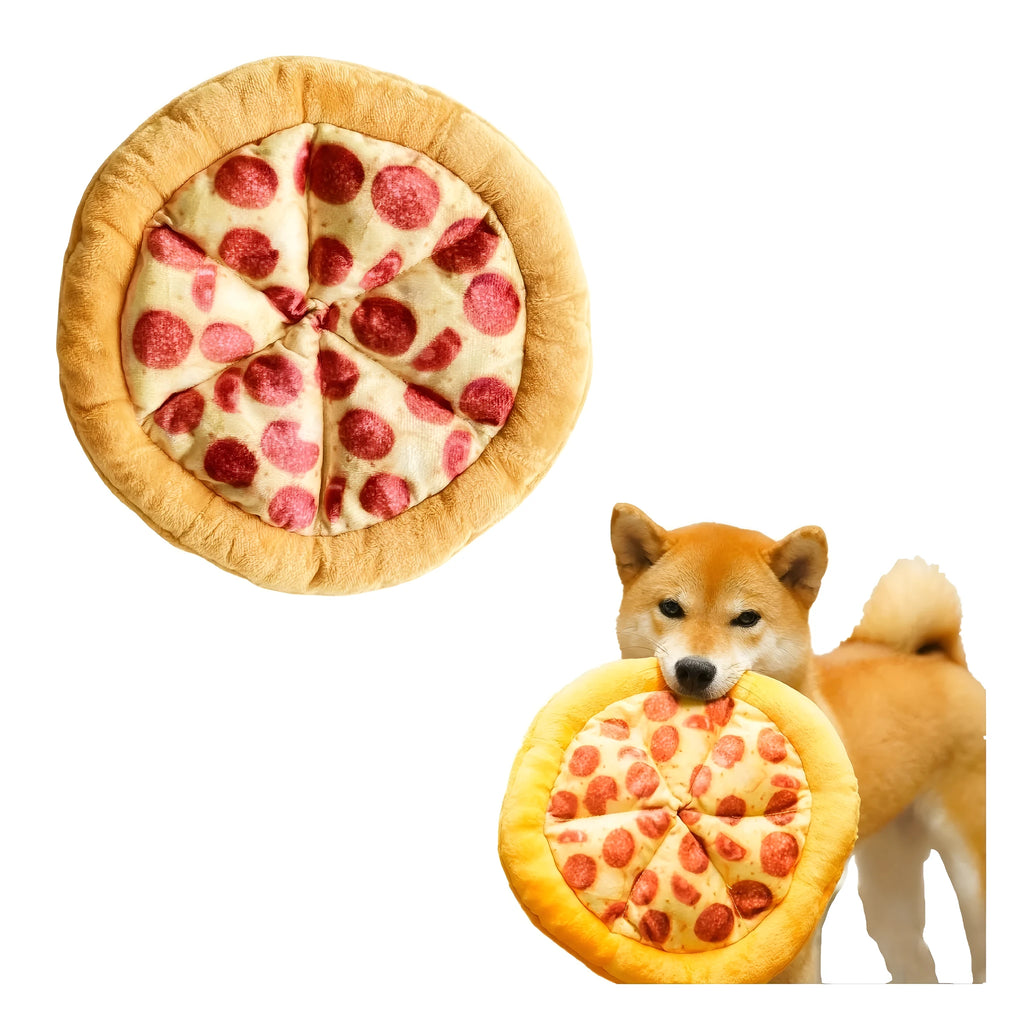 Yellow pizza slice shaped squeaky dog chew toy made from soft teddy fabric.
