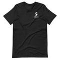 Black loose fit short sleeve cotton T-shirt with a round neck on a hanger.